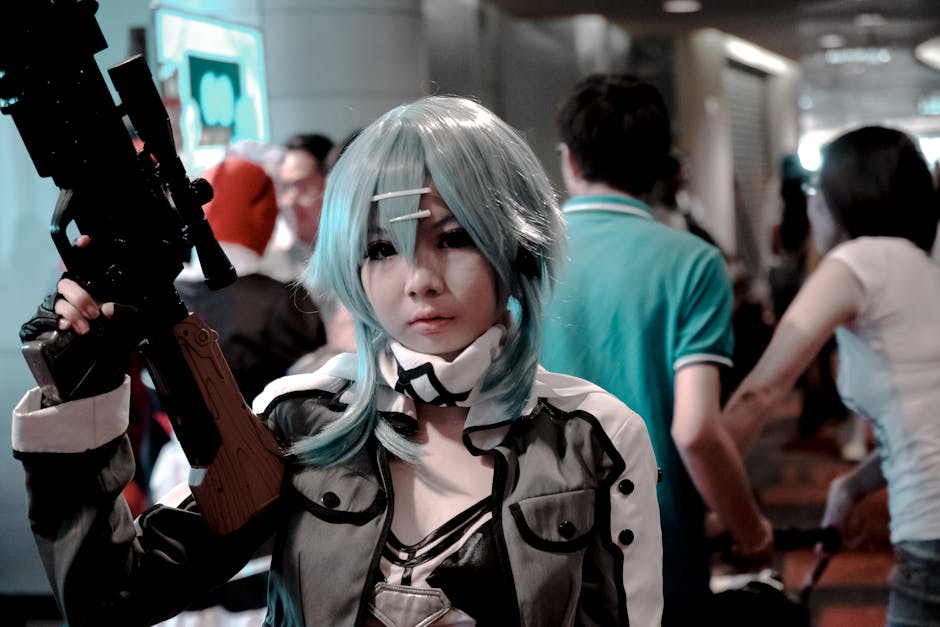 Vibrant cosplay participant posing indoors at a bustling convention scene.