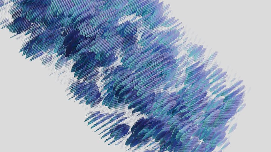 Dynamic abstract art with blue and purple brush strokes on a light background.
